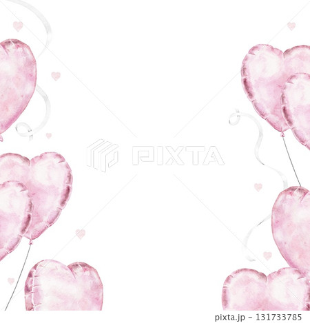 watercolor frame with floating pink heart shaped balloons and ribbons. Featuring Love and celebration, perfect for Saint Valentines Day, baby girl birth announcements, greeting cards, or invitations 131733785