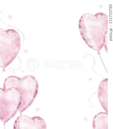 watercolor frame with floating pink heart shaped balloons and ribbons. Featuring Love and celebration, perfect for Saint Valentines Day, baby girl birth announcements, greeting cards, or invitations 131733789