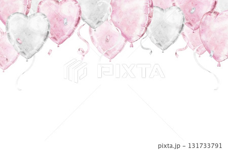 Horizontal top watercolor frame with floating pink and silver heart shaped balloons and ribbons. Ideal for Saint Valentines Day, wedding celebrations, birthday decor or baby girl party invitations. Horizontal top watercolor frame with floating pink and silver heart shaped balloons and ribbons. Ideal for Saint Valentines Day, wedding celebrations, birthday decor or baby girl party invitations. 131733791