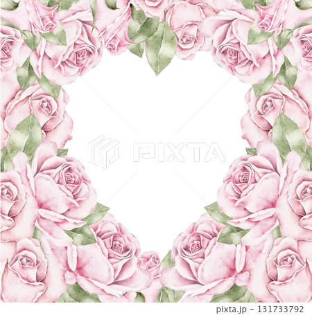 Heart shaped watercolor frame made of pink roses and green leaves. Romantic floral illustration perfect for Saint Valentines Day cards, wedding invitations, posters, or anniversary prints. Heart shaped watercolor frame made of pink roses and green leaves. Romantic floral illustration perfect for Saint Valentines Day cards, wedding invitations, posters, or anniversary prints. 131733792
