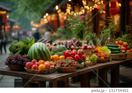Vibrant Display of Fresh Fruits and Vegetables at an Outdoor Market Vibrant Display of Fresh Fruits and Vegetables at an Outdoor Market 131734301