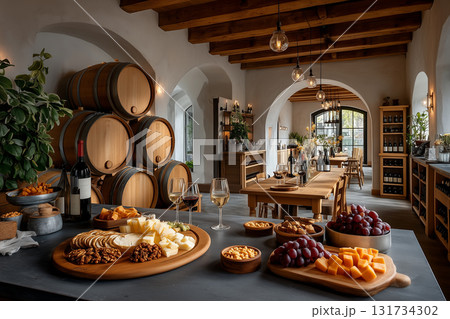 Interior of a Traditional Wine Vault with Food and Seating Interior of a Traditional Wine Vault with Food and Seating 131734302