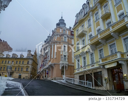 Marianske Lazne, Marienbad, Czech Republic - February 2, 2014: Snow-covered hotel buildings of the spa town in the western part of the Czech Republic. 131734729