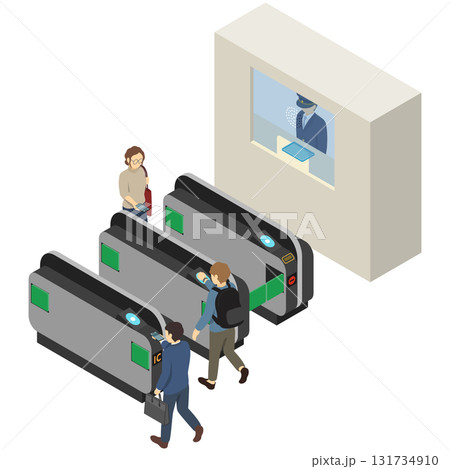 アイソメトリックイラスト:自動改札と有人改札 アイソメトリックイラスト:自動改札と有人改札 131734910