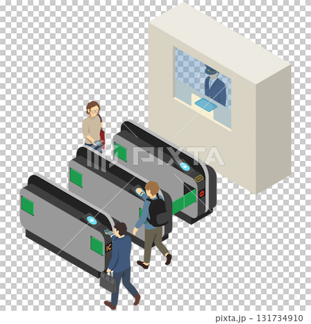 アイソメトリックイラスト:自動改札と有人改札 アイソメトリックイラスト:自動改札と有人改札 131734910