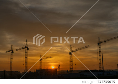 Silhouettes of construction cranes on a building site Silhouettes of construction cranes on a building site 131735015