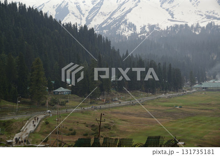 Tourists are walking on the path leading to the starting point for the cable car station to Gulmarg. Which is famous in the world for its true natural beauty. 131735181