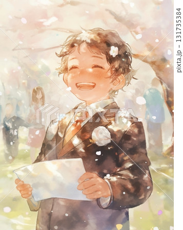 桜の下の卒業・入学を喜ぶ男の子の笑顔 - 水彩の晴れの日AIイラスト 131735384