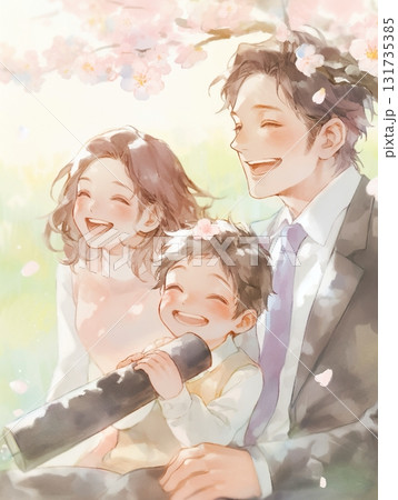 桜の下の卒業・入学を喜ぶ男の子の笑顔 - 水彩の晴れの日AIイラスト 131735385