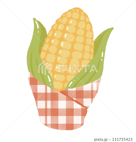 Corn on the Cob Illustration Wrapped in Gingham Cloth Cozy Autumn Harvest Vegetable Hand Drawn Thanksgiving Farm Food Art 131735423