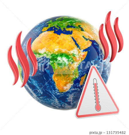 Global warming planet, concept. Earth Globe with heat waves and thermometer warning sign. 3D rendering 131735482