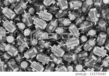 Pile of industrial electric motors, top view. 3D rendering 131735487