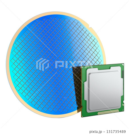Silicon wafer and computer processor. 3D rendering Silicon wafer and computer processor. 3D rendering 131735489