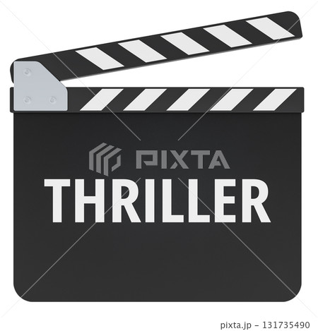 Thriller concept with movie clapperboard. 3D rendering Thriller concept with movie clapperboard. 3D rendering 131735490