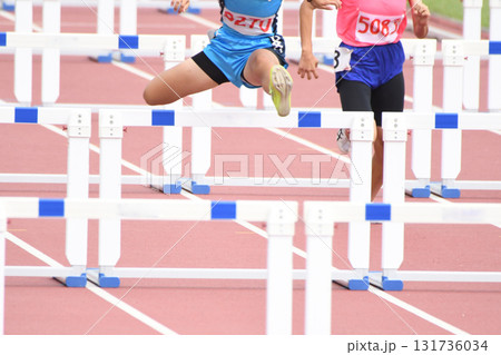 ハードルを飛び越える陸上選手 ハードルを飛び越える陸上選手 131736034