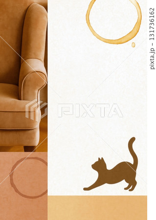 Postcard of Cat silhouette stretching near coffee stains on paper background 131736162