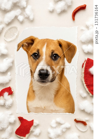 Postcard of Cute dog looking through torn paper with scattered cotton and red fabric pieces 131736164