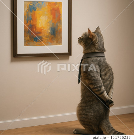 Cat wearing tie looking at abstract painting in modern home interior Cat wearing tie looking at abstract painting in modern home interior 131736235