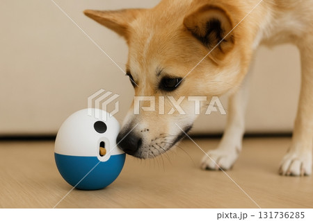 Dog sniffing interactive pet toy on wooden floor at home 131736285