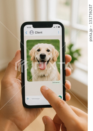Person sending photo of golden retriever dog on smartphone messaging app 131736287