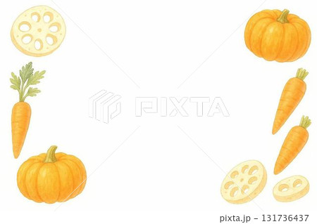 秋の味覚イラストセット　かぼちゃ・栗・きのこ・果物などの水彩フレーム素材 131736437