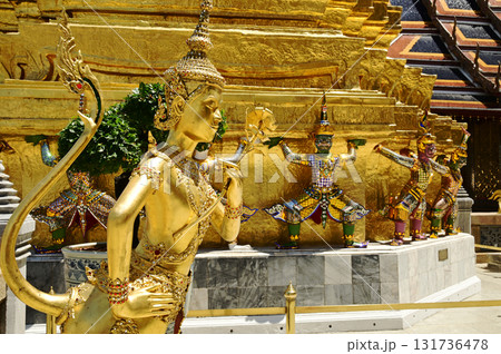 The face of golden Kinnari statue at Wat Phra Kaew. Kinnari are half-bird, half-woman creatures from Buddhist mythology. Wat Phra Kaew is a famous tourist attraction. 131736478