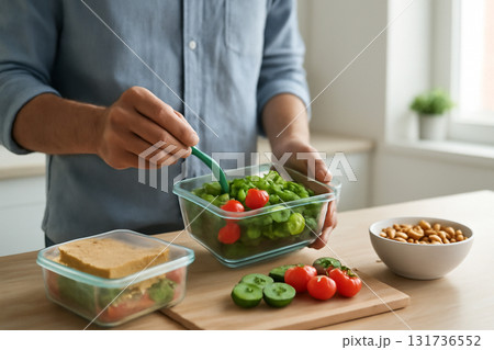 AI generated image of person preparing a nutritious lunch in a modern kitchen with natural light. Fresh vegetables, healthy snacks, and wellness-focused meal prep captured with a focus on well-being. 131736552