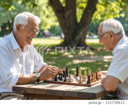 AI generated image of diverse seniors playing chess in a park with an AI-powered coach on a tablet. Natural light, joyful atmosphere, and social connection among friends. 131736611