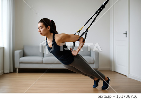 AI generated image of a woman using a TRX suspension trainer in a modern living room. Focus on core strength and full-body engagement. Bright natural light adds energy and motivation to the scene. 131736716