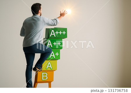 AI generated person climbing a ladder made of energy efficiency ratings reaching towards the sun, symbolizing progress and the pursuit of a sustainable future. Inspirational and metaphorical concept. AI generated person climbing a ladder made of energy efficiency ratings reaching towards the sun, symbolizing progress and the pursuit of a sustainable future. Inspirational and metaphorical concept. 131736758