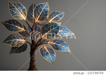 AI generated tree with glowing solar-powered leaves, blending nature and technology. The intricate details of solar cells on the leaves create a futuristic, magical atmosphere. 131736759