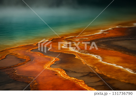 AI generated close-up of geothermal hot spring surface with vibrant mineral deposits and turquoise water creating natural beauty and contrast. Perfect for environmental, nature, and wellness themes. 131736790