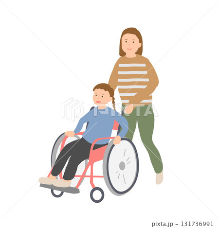 車椅子の女の子と見守る母親のイラスト 131736991