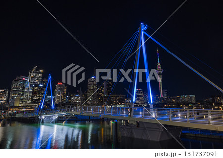 ニュージーランド オークランドのバイアダクトから見えるスカイタワーとヨットーハーバーの夜景 ニュージーランド オークランドのバイアダクトから見えるスカイタワーとヨットーハーバーの夜景 131737091