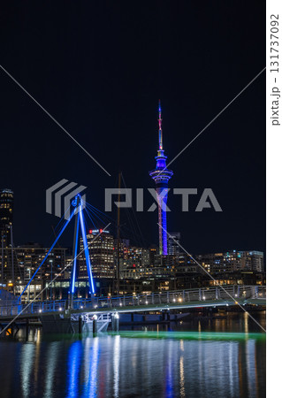 ニュージーランド オークランドのバイアダクトから見えるスカイタワーとヨットーハーバーの夜景 ニュージーランド オークランドのバイアダクトから見えるスカイタワーとヨットーハーバーの夜景 131737092