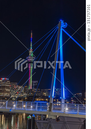 ニュージーランド オークランドのバイアダクトから見えるスカイタワーとヨットーハーバーの夜景 ニュージーランド オークランドのバイアダクトから見えるスカイタワーとヨットーハーバーの夜景 131737101