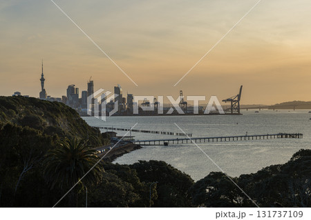 ニュージーランド オークランドのバスション・ポイントから眺めるスカイタワーと港の風景と夕焼け空 ニュージーランド オークランドのバスション・ポイントから眺めるスカイタワーと港の風景と夕焼け空 131737109