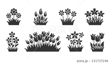 Flowers in grass black silhouette set. Spring buds, tulips daisy chamomile daffodil simple blossoms. Flat floral nature shapes composition, meadow blooms stylized , decorative DIY stamping stencil Flowers in grass black silhouette set. Spring buds, tulips daisy chamomile daffodil simple blossoms. Flat floral nature shapes composition, meadow blooms stylized , decorative DIY stamping stencil 131737246