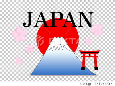 日本國旗插圖，上面寫著“JAPAN”和“Mt. Fuji” 131737247
