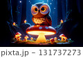 A big-eyed, round owl sits on a glowing mushroom in the dark forest. The atmosphere is warm and fantasy, like in a fairy tale. 131737273