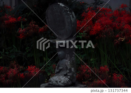 山梨県笛吹市・慈眼寺の彼岸花に囲まれたお地蔵様 131737344