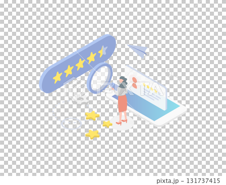 Isometric vector illustration of a woman analyzing positive customer reviews and testimonials (rating, satisfaction, marketing) 131737415