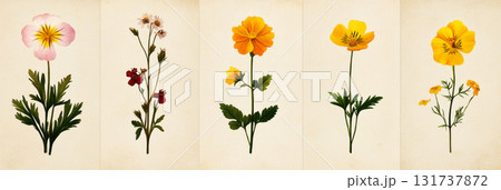 A delicate botanical Herbarium illustration of Cowslip, Pasque Flower, Pheasant Eye, Evening Primrose, Buttercup, Wild Geranium, isolated on old paper with muted pastel colors, floral poster, banner 131737872