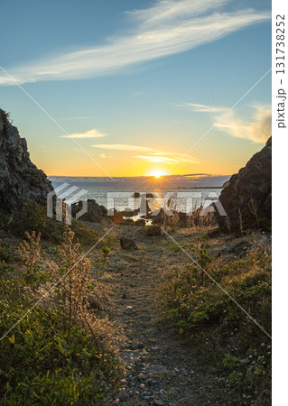 ニュージーランド　ウェリントンのモア・ポイントから見える沈みゆく太陽と夕焼け空 131738252