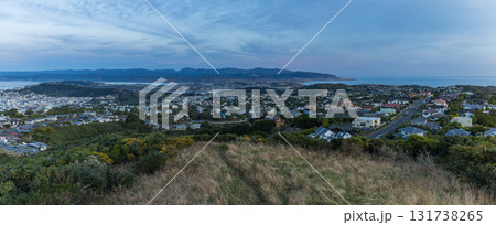 ニュージーランド　ウェリントンのブルックリン・アーミーバンカーの丘から見える街並みと夕焼け空 131738265