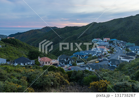ニュージーランド ウェリントンのブルックリン・アーミーバンカーの丘から見える街並みと夕焼け空 ニュージーランド ウェリントンのブルックリン・アーミーバンカーの丘から見える街並みと夕焼け空 131738267