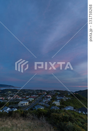 ニュージーランド　ウェリントンのブルックリン・アーミーバンカーの丘から見える街並みと夕焼け空 131738268