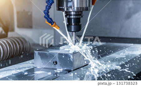 Milling process with coolant on a CNC machine Milling process with coolant on a CNC machine 131738323