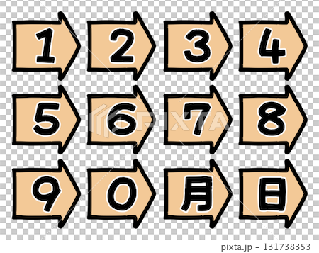 カレンダーに使える手描き風数字の吹き出し　矢印　橙 131738353