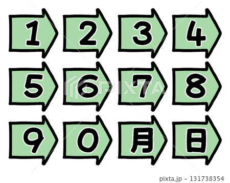 カレンダーに使える手描き風数字の吹き出し　矢印　緑 131738354